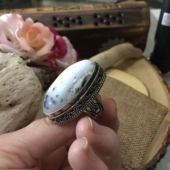 Winter Dendritic Agate Silver Gemstone Statement Ring Size 8 - Picture 4 of 5